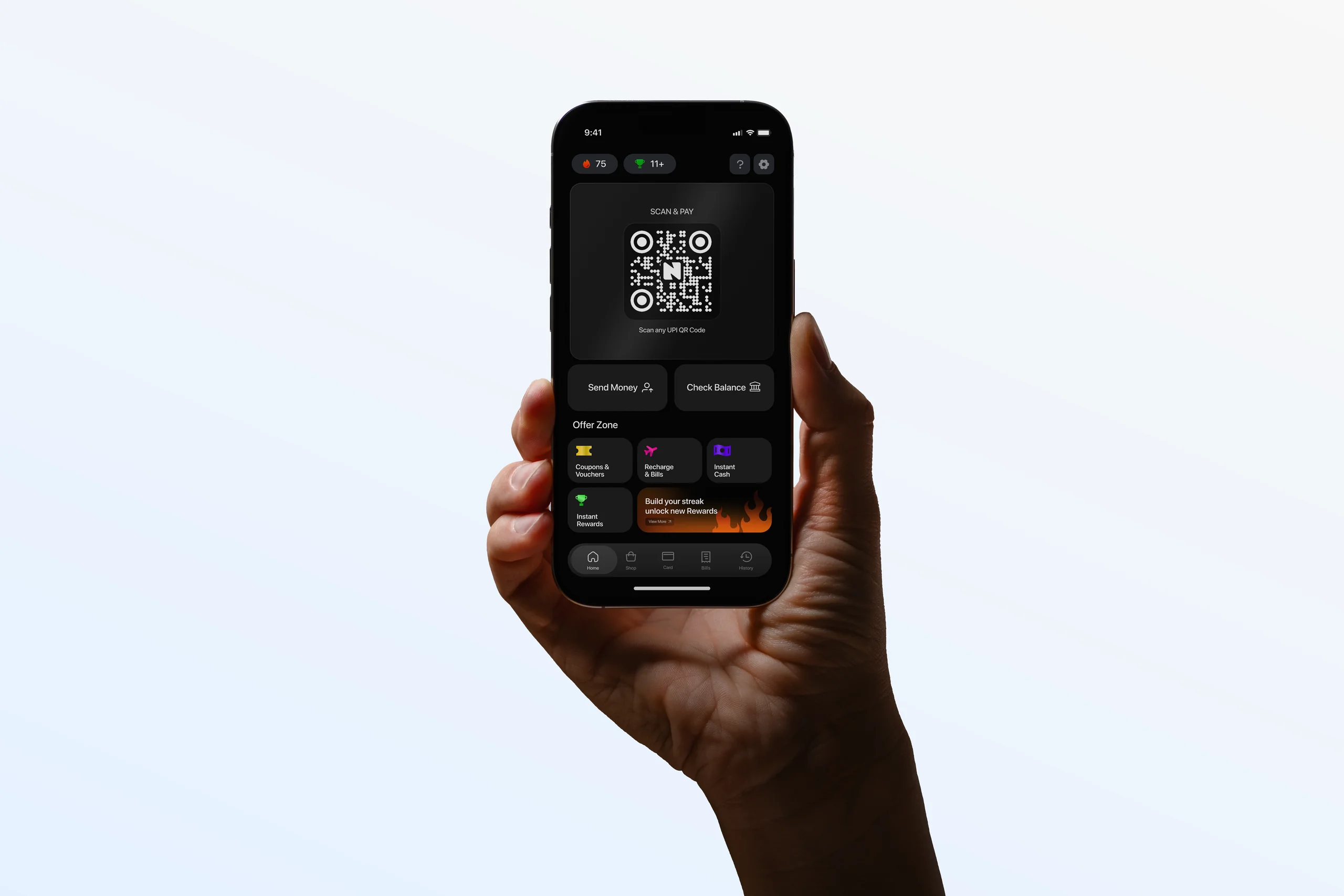 Nuv Pay app home screen with Scan & Pay on a hand-held phone