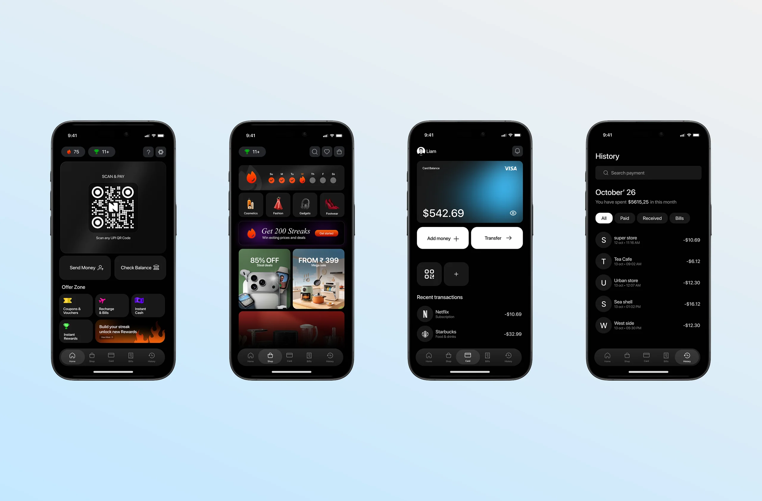 Four Nuv Pay mobile app screens