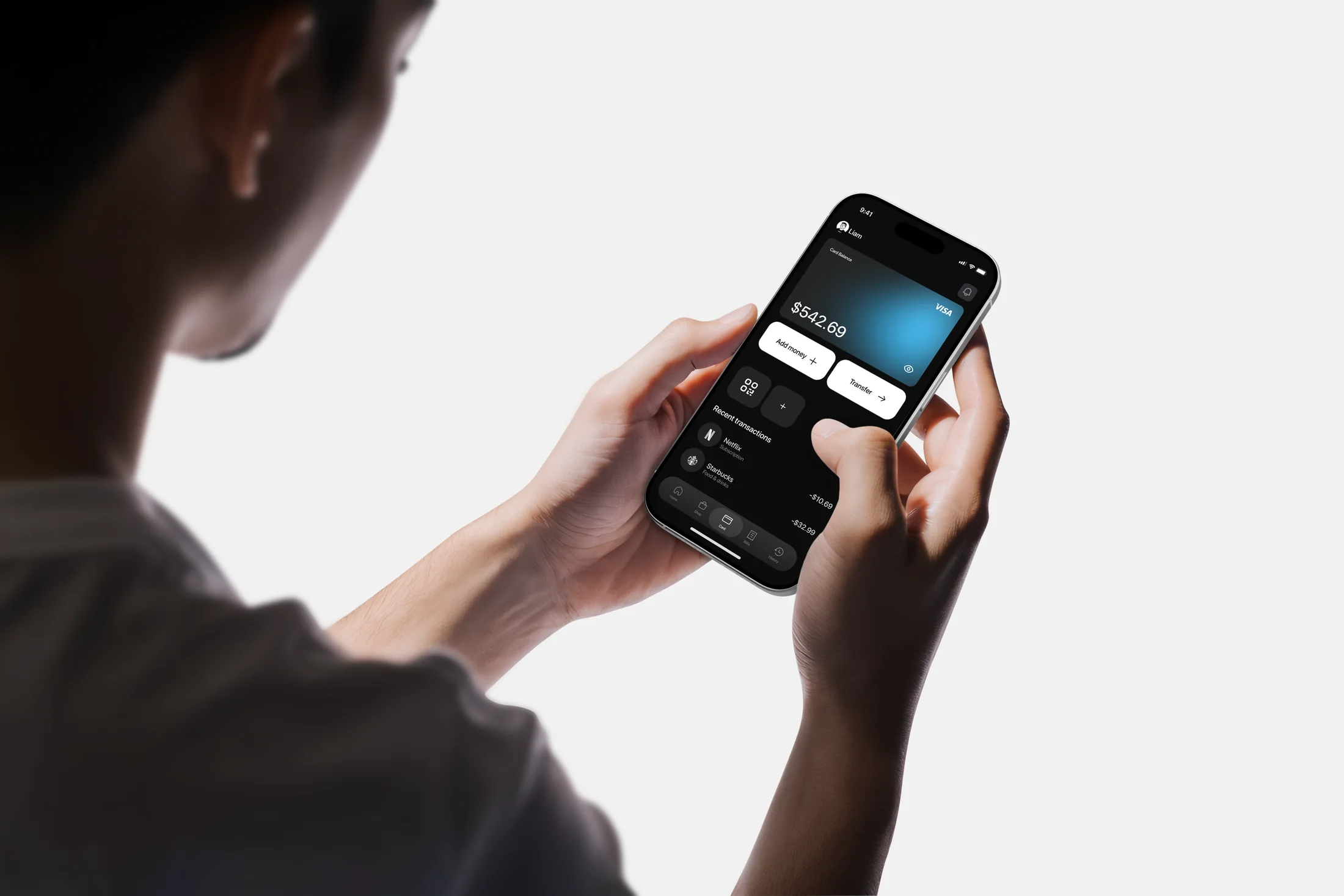 Nuv Pay card screen on a phone held in both hands